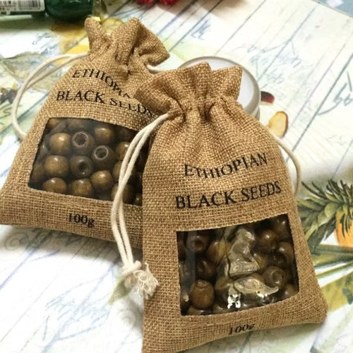 Woven brand label and hang tag on jute bag